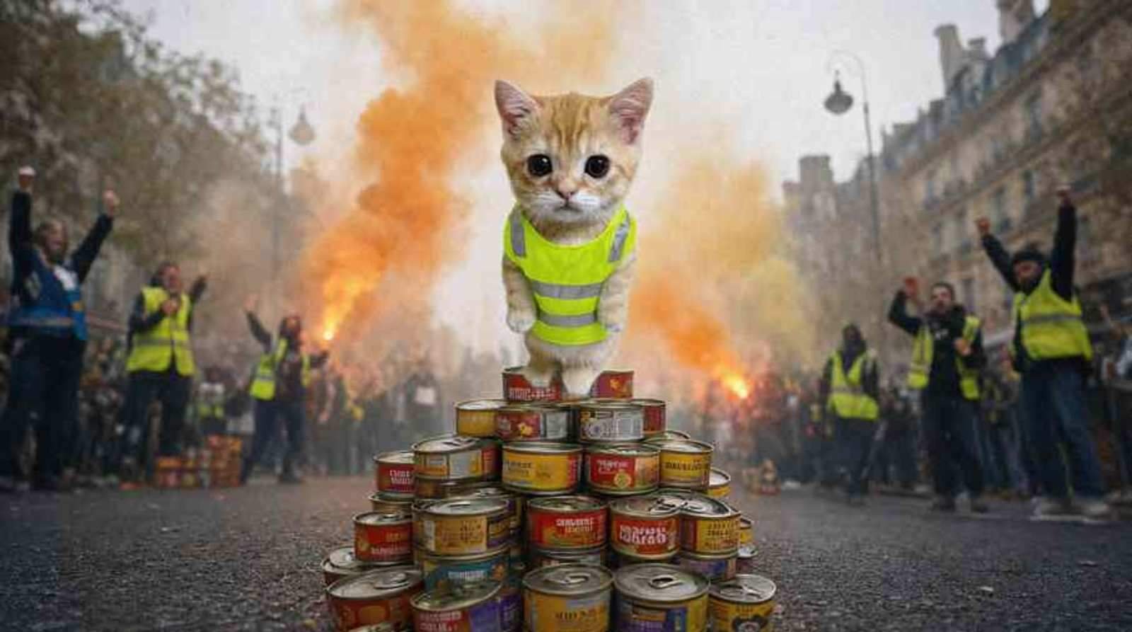 Gato on a barricade of cat food cans